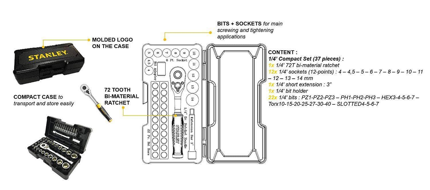 Stanley Socket Set Stanley 37Pcs 1/4" Compact Socket Set - STMT82672-0