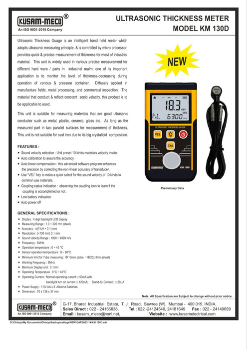 Kusam Meco KM 130D Ultrasonic Thickness Gauge: Accurate Thickness Measurement for Industrial Materials