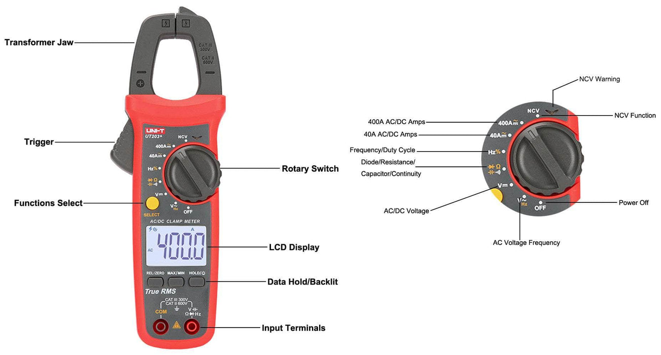 UNI-T Clamp Meter UNI-T 400A AC/DC UT203+ Digital Clamp Meter (True- Rms)