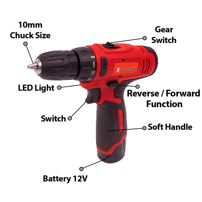 Xtra Power Cordless Drill Xtra Power 10 mm Red & Black Cordless Drill, 12 V 400 -1350 RPM  XPT482